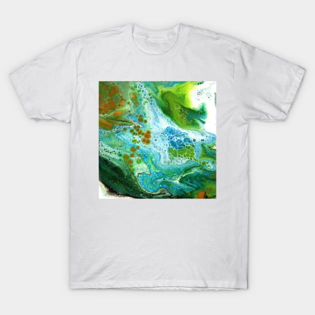 Fluid Art In Orange, Green, Blue and White T-Shirt by Art By Cleave